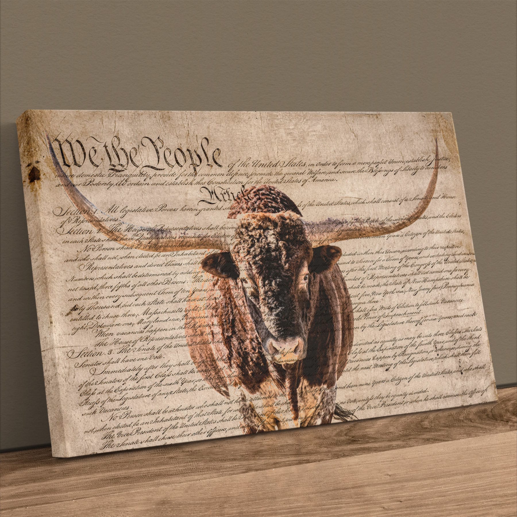 Rustic Patriotic Wall Art - Longhorn & U.S. Constitution Canvas-Unframed / 12 x 18 Inches