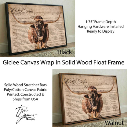 Rustic Patriotic Wall Art - Longhorn & U.S. Constitution Canvas-Black Frame / 12 x 18 Inches