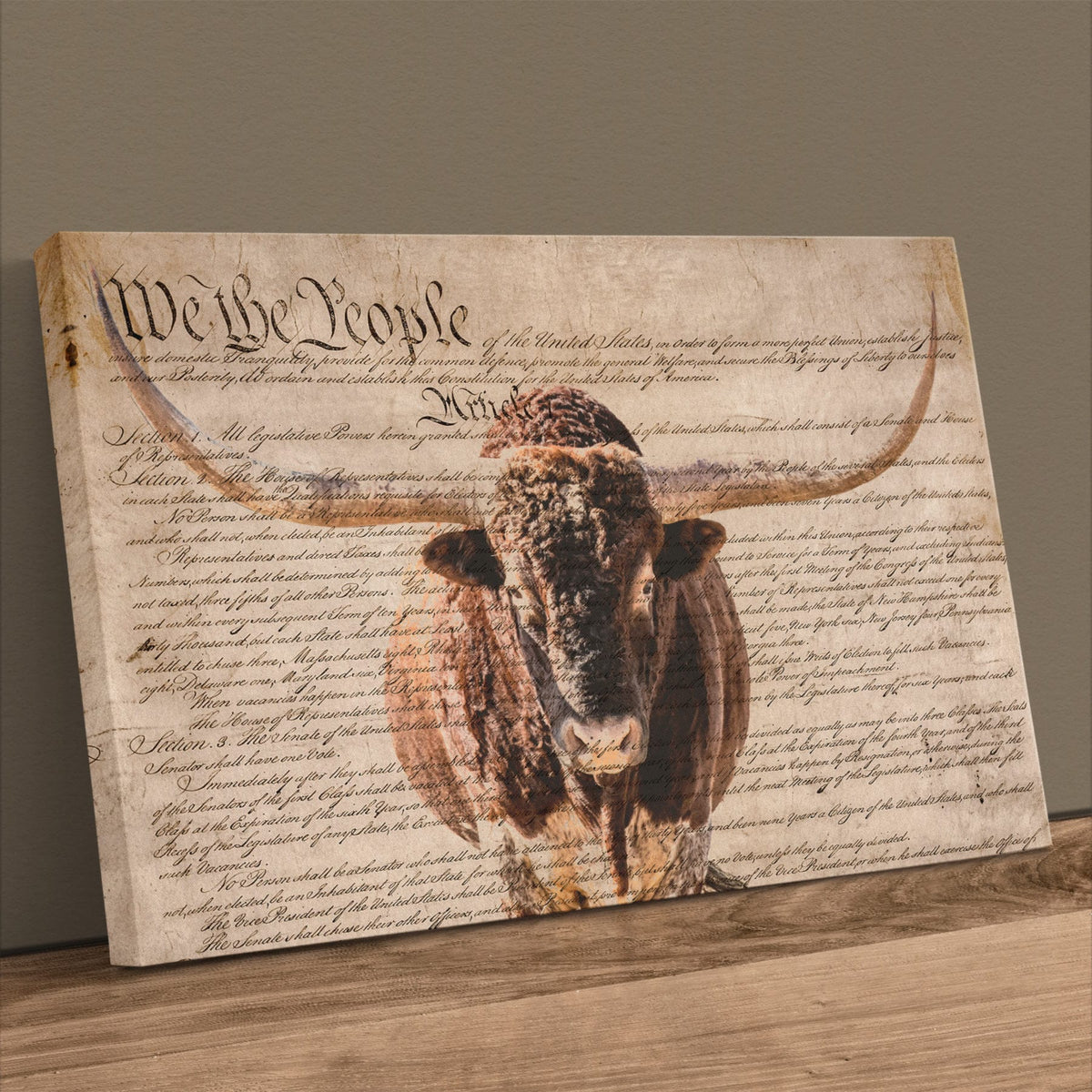 Rustic Patriotic Wall Art - Longhorn & U.S. Constitution Canvas-Unframed / 12 x 18 Inches
