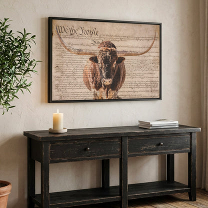 Rustic Patriotic Wall Art - Longhorn & U.S. Constitution Canvas-Black Frame / 12 x 18 Inches