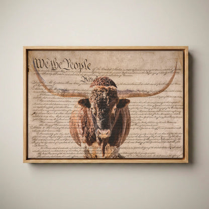 Rustic Patriotic Wall Art - Longhorn & U.S. Constitution Canvas-Natural Oak Float Frame / 12 x 18 Inches
