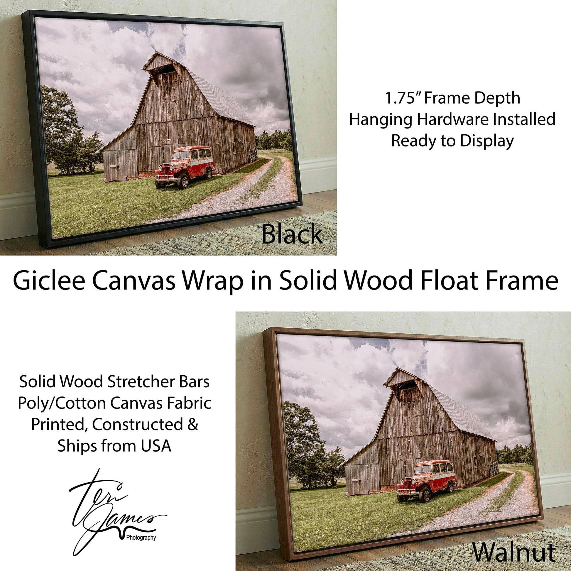 Rustic Wall Art – Old Barn Canvas with Classic Willy's Jeep Print for Cozy Home Decor Canvas-Black Frame / 12 x 18 Inches Wall Art Teri James Photography