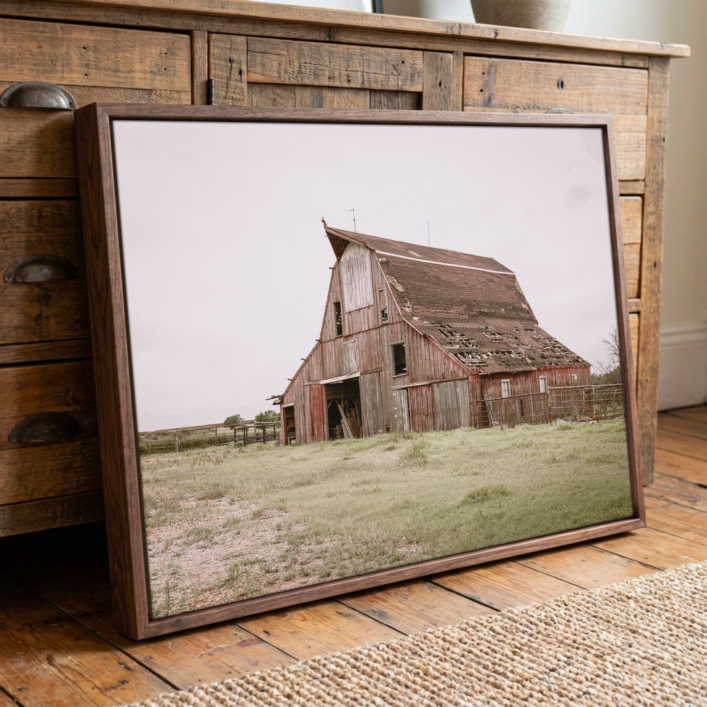 Rustic Wall Art - Old Red Barn Print Canvas-Walnut Frame / 12 x 18 Inches