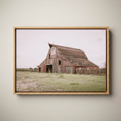 Rustic Wall Art - Old Red Barn Print Canvas-Natural Oak Float Frame / 12 x 18 Inches