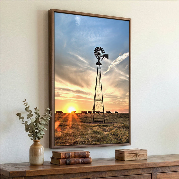 Old Windmill and Black Angus Cows: Rustic Art Décor