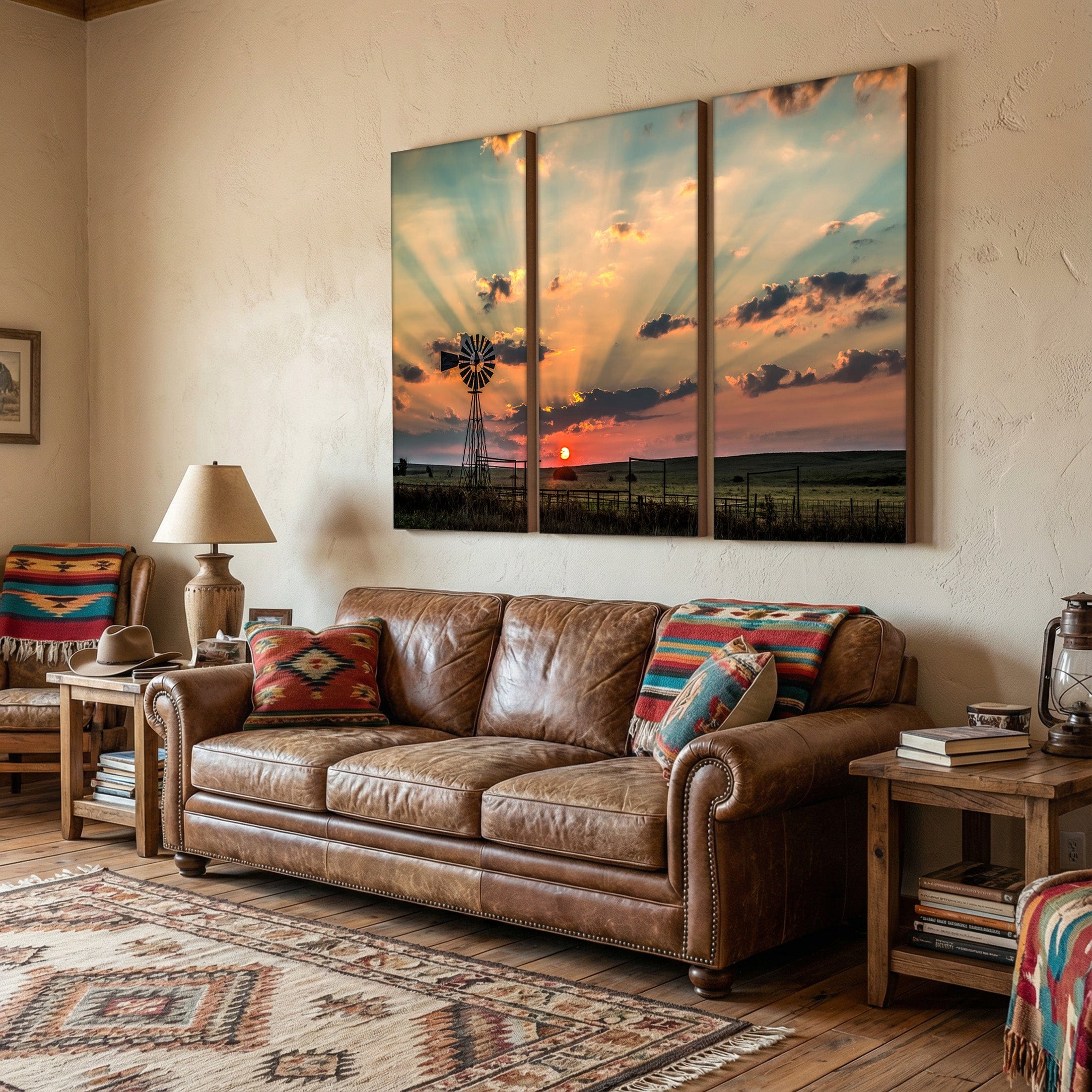 Rustic Windmill Sunrise Wall Art in Three-Panel Design