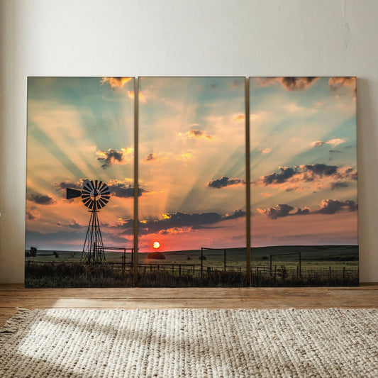 Rustic Windmill Sunrise Wall Art 48" x 72" (3 @ 24" x 48") Wall Art Teri James Photography