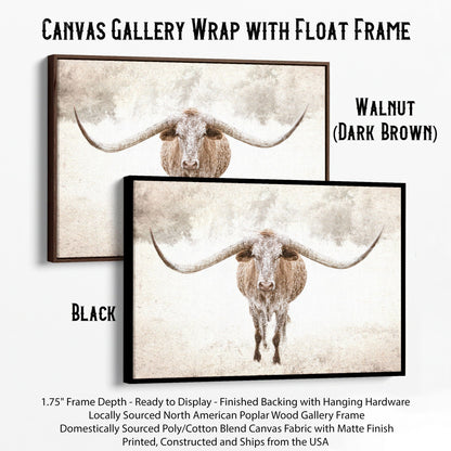 Sepia Longhorn Canvas Art Canvas-Black Frame / 12 x 18 Inches Wall Art Teri James Photography
