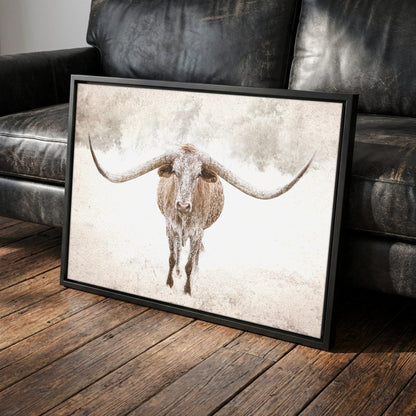 Sepia Longhorn Canvas - Rustic Texas Print With Sepia Tone Canvas-Black Frame / 12 x 18 Inches
