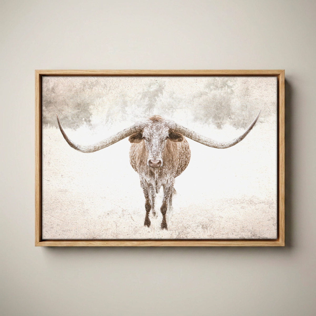 Sepia Longhorn Canvas - Rustic Texas Print With Sepia Tone Canvas-Natural Oak Float Frame / 12 x 18 Inches