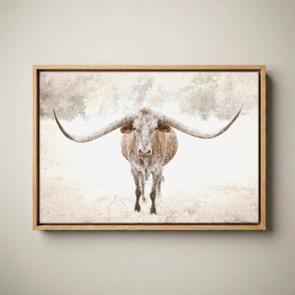 Sepia Longhorn Canvas - Rustic Texas Print With Sepia Tone Canvas-Natural Oak Float Frame / 12 x 18 Inches