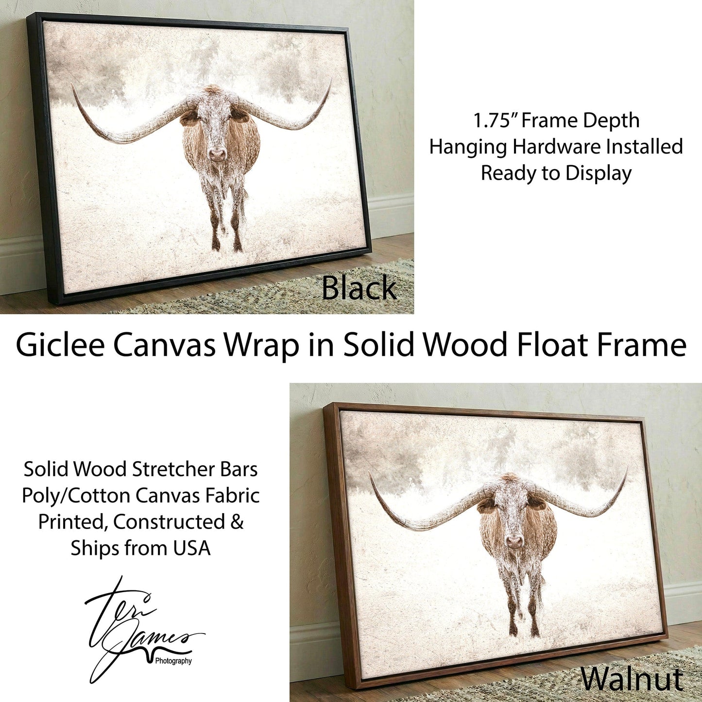 Sepia Longhorn Canvas Rustic Texas Wall Art Print With Sepia Tone Artwork Canvas-Black Frame / 12 x 18 Inches Wall Art Teri James Photography