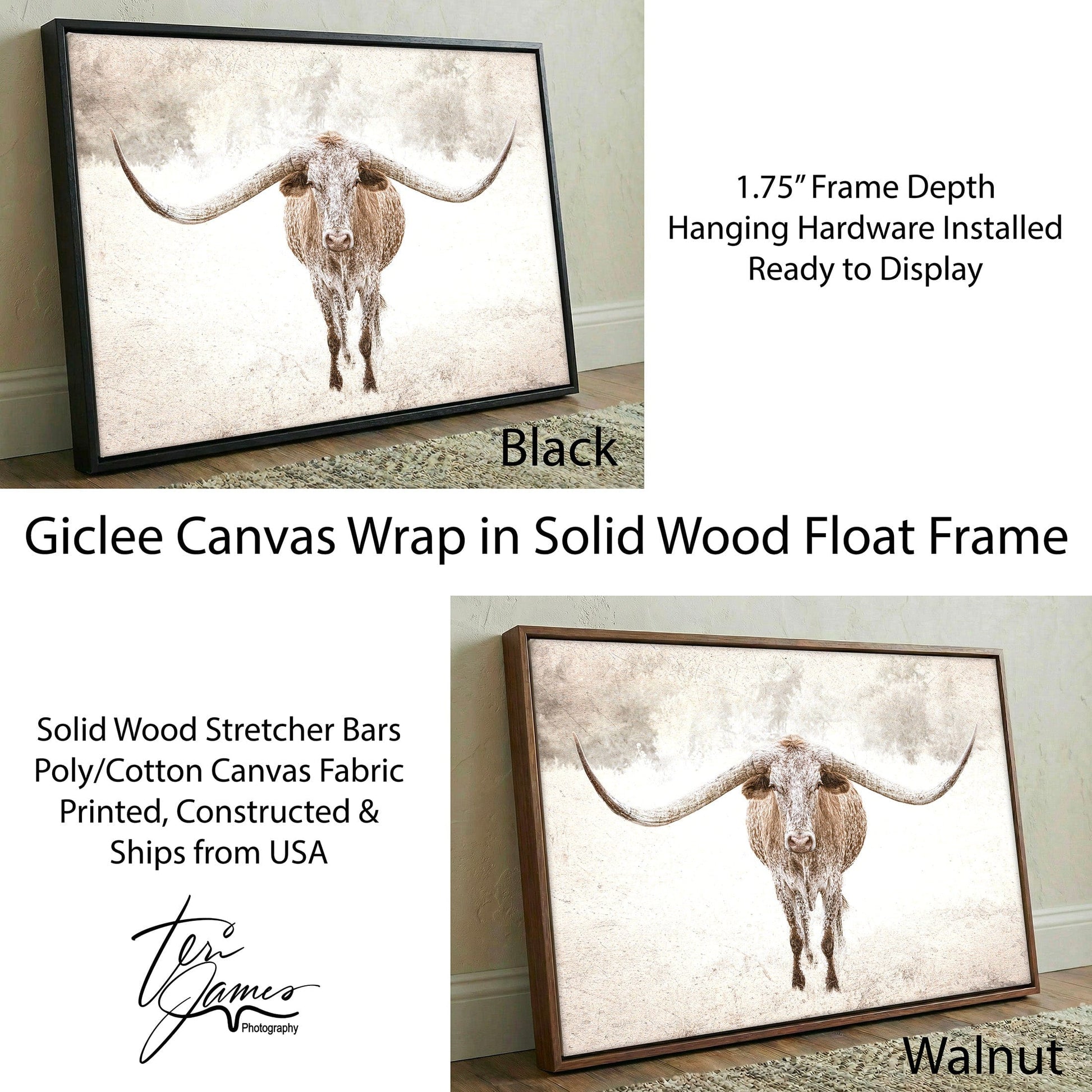 Sepia Longhorn Canvas Rustic Texas Wall Art Print With Sepia Tone Artwork Canvas-Black Frame / 12 x 18 Inches Wall Art Teri James Photography