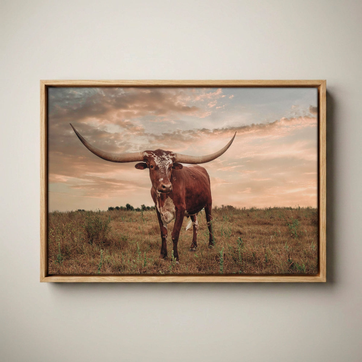 Southwest Longhorn Art - Cowboy Style Home Decor Canvas-Natural Oak Float Frame / 12 x 18 Inches