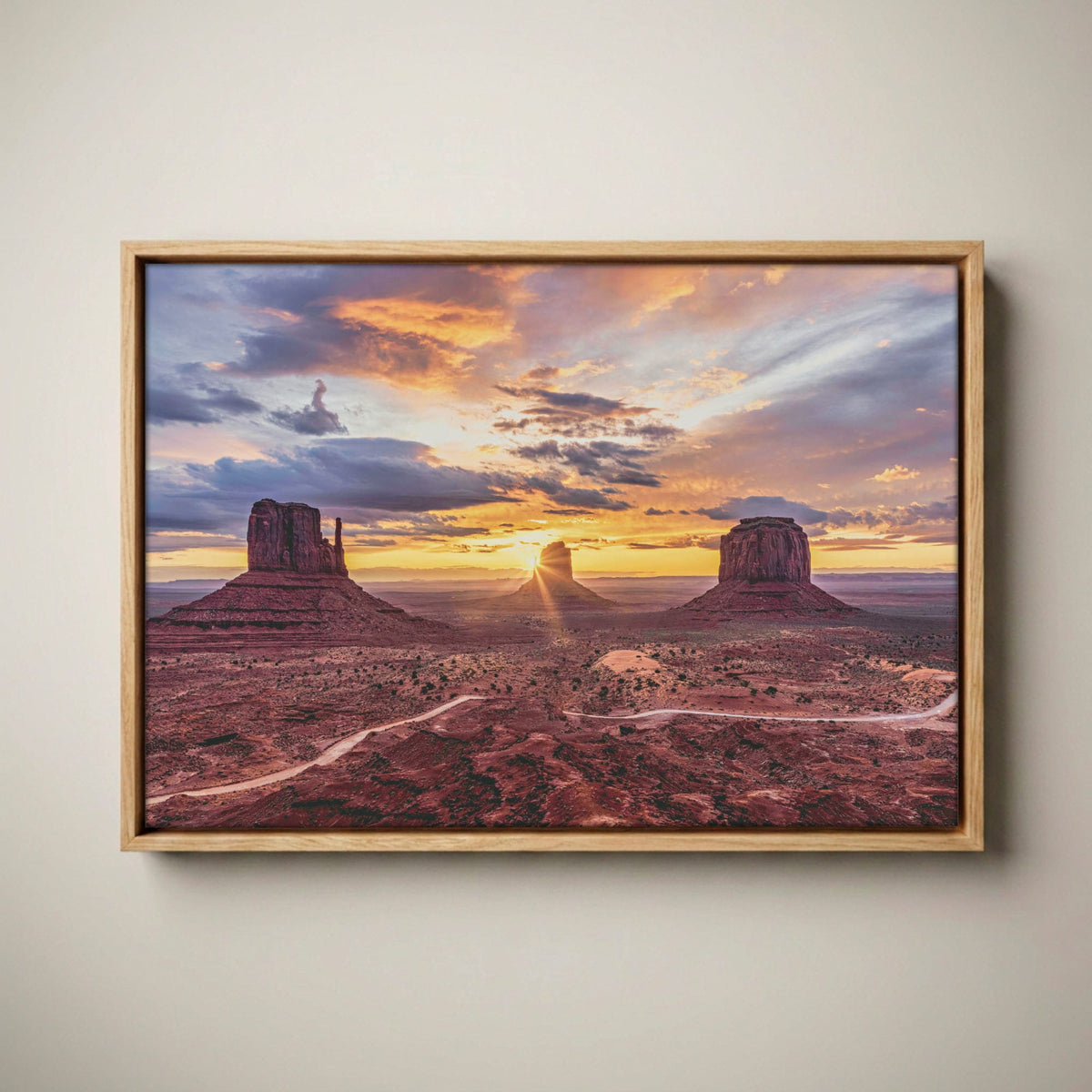 Southwest Wall Art - Monument Valley Desert Landscape Canvas Canvas-Natural Oak Float Frame / 12 x 18 Inches
