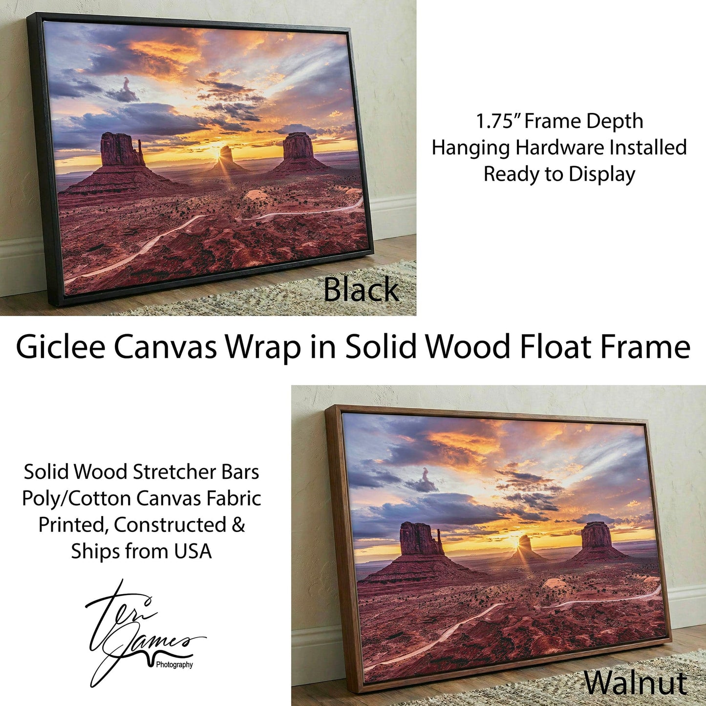 Southwest Wall Art - Monument Valley Sunrise Desert Landscape Canvas Print Canvas-Black Frame / 12 x 18 Inches Wall Art Teri James Photography