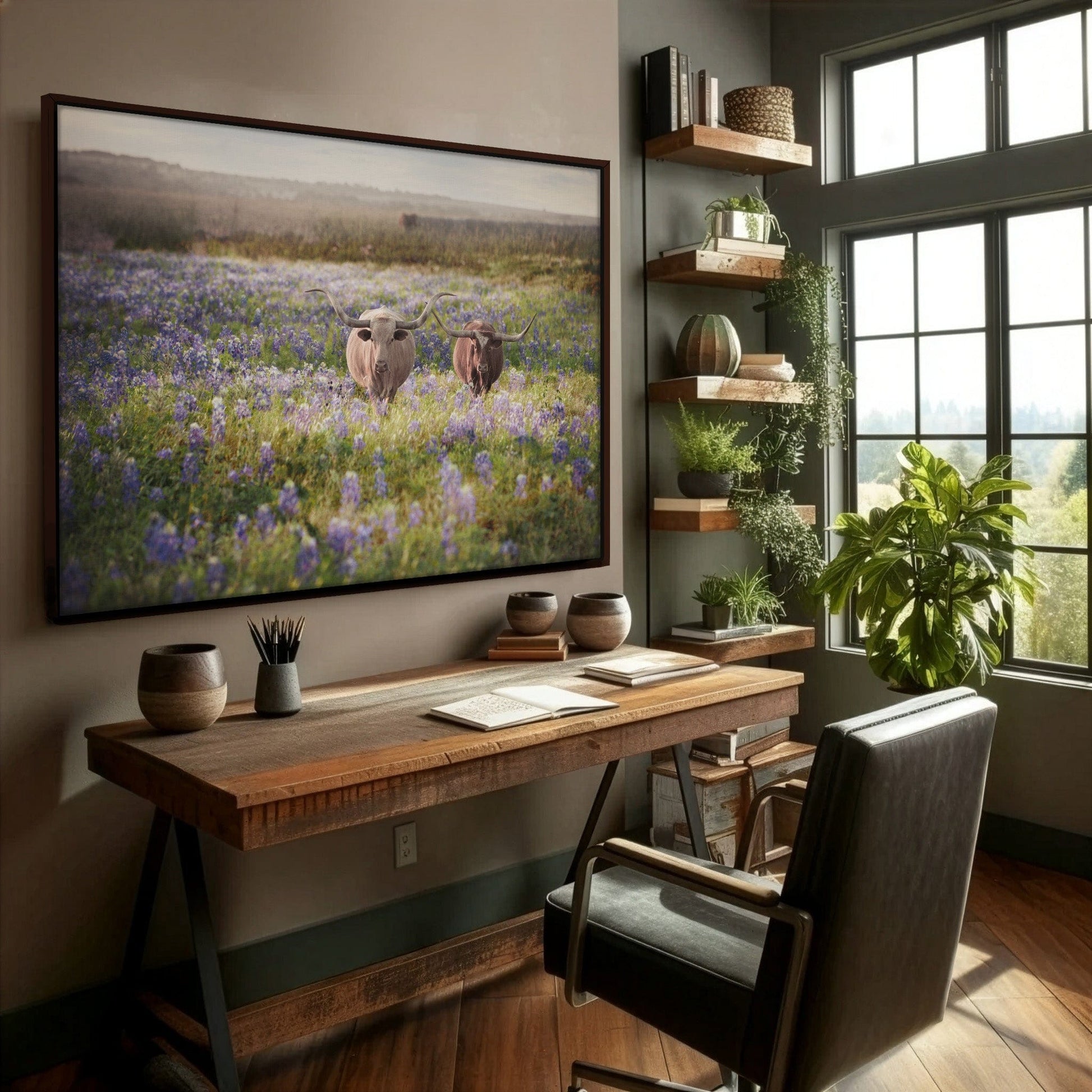Texas Bluebonnets and Longhorn Cattle Wall Art Teri James Photography