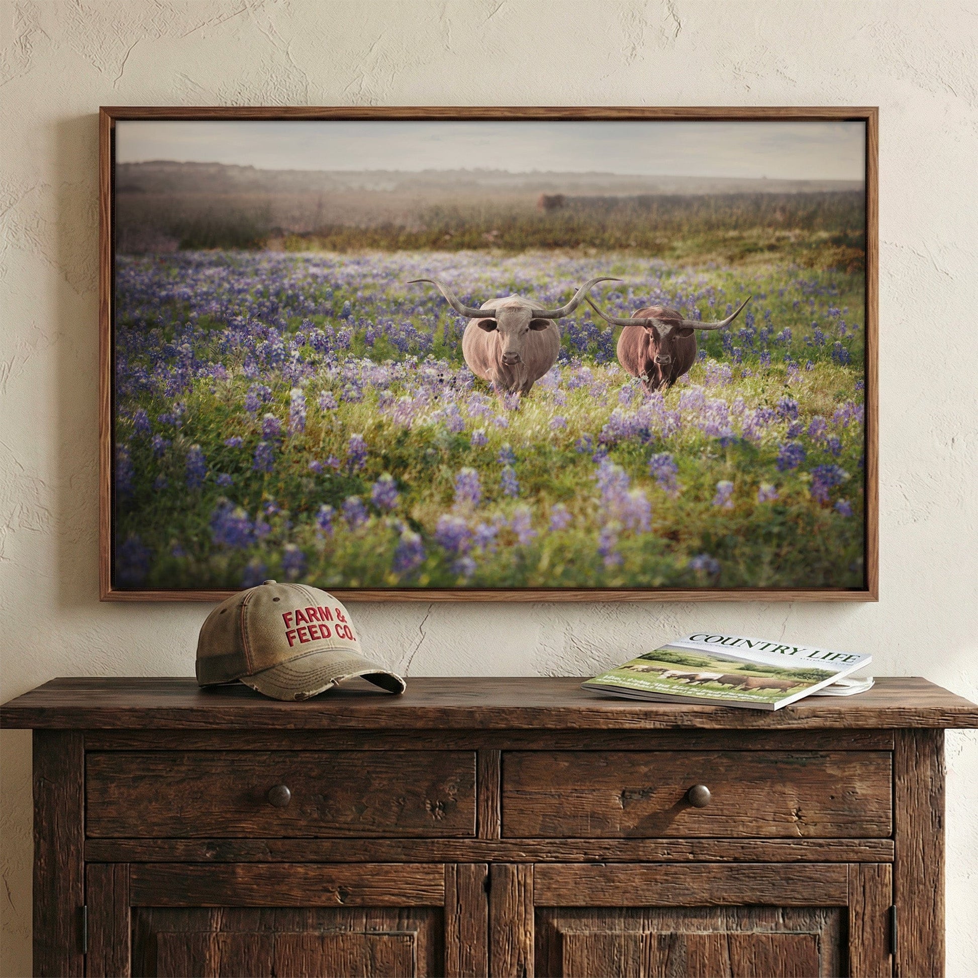 Texas Bluebonnets and Longhorn Cattle Wall Art Teri James Photography