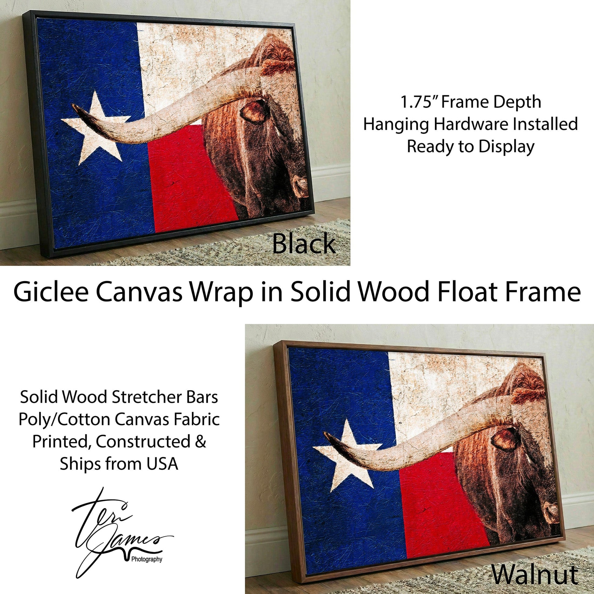 Texas Lone Star Flag Patriotic Home Decor - Longhorn Bull Wall Art Canvas Canvas-Black Frame / 12 x 18 Inches Wall Art Teri James Photography