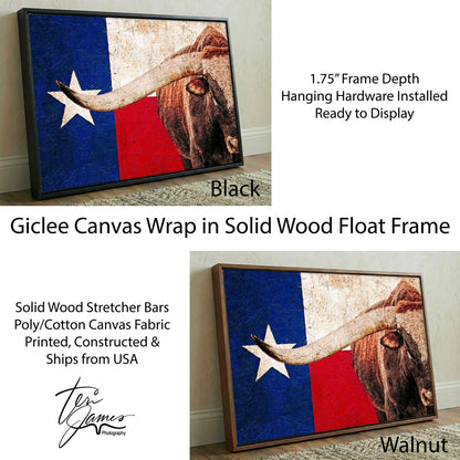 Texas Lone Star Flag Patriotic Home Decor - Longhorn Bull Wall Art Canvas Canvas-Black Frame / 12 x 18 Inches Wall Art Teri James Photography