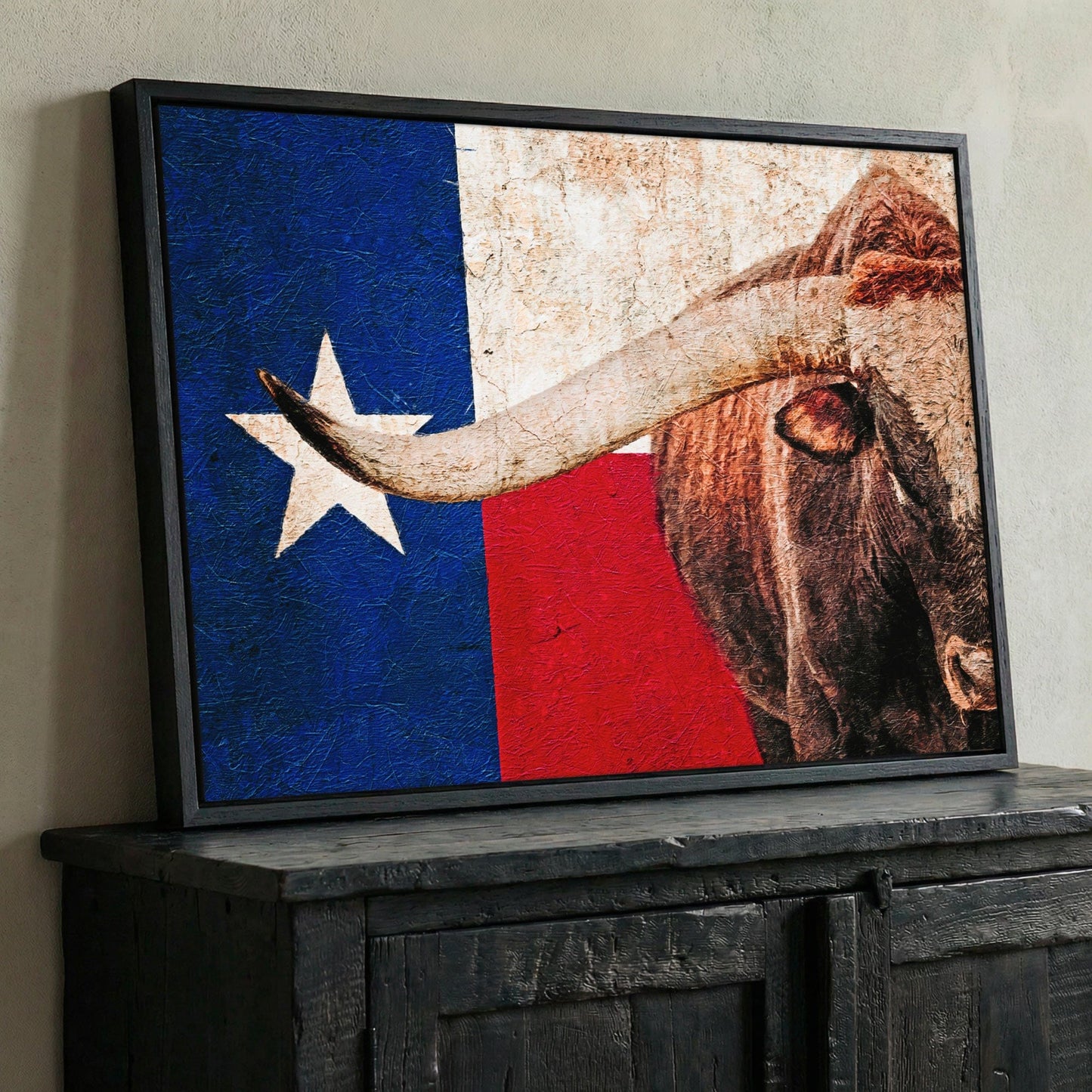 Texas Lone Star Flag Patriotic Home Decor - Longhorn Bull Wall Art Canvas Wall Art Teri James Photography