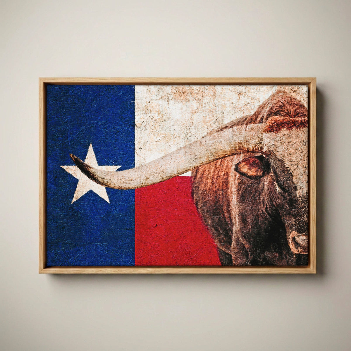 Texas Lone Star Flag Patriotic Home Decor Canvas-Natural Oak Float Frame / 12 x 18 Inches