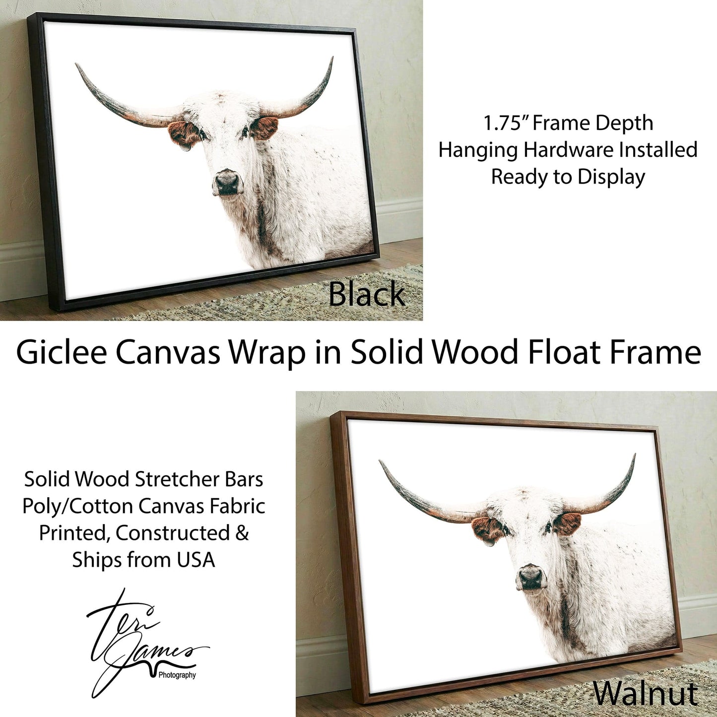 Texas Longhorn Art Rustic Home Decor - White Longhorn Canvas Print Farmhouse Wall Canvas-Black Frame / 12 x 18 Inches Wall Art Teri James Photography