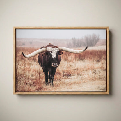 Texas Longhorn Bull Canvas - Western Wall Art for Living Room Canvas-Natural Oak Float Frame / 12 x 18 Inches