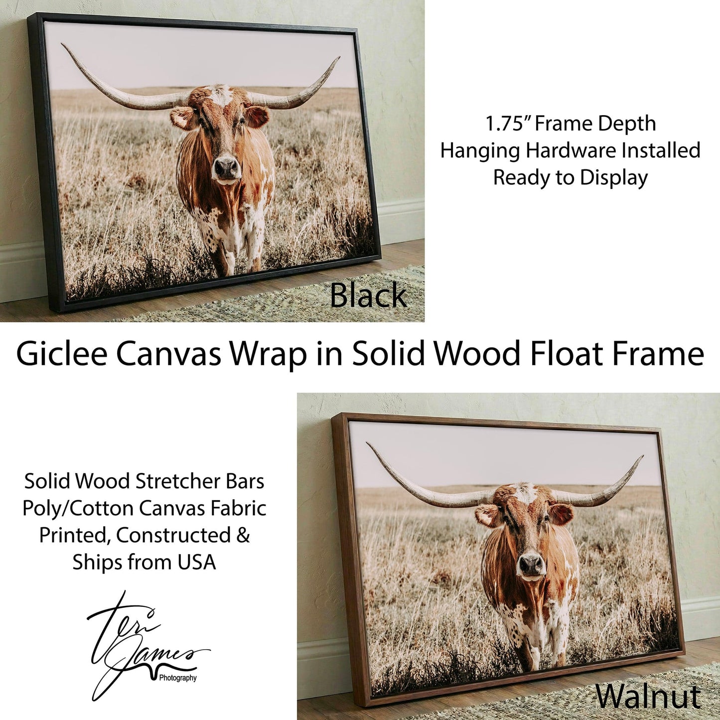 Texas Longhorn Canvas Art – Rustic Western Wall Decor for Farmhouse Living Room Canvas-Black Frame / 12 x 18 Inches Wall Art Teri James Photography