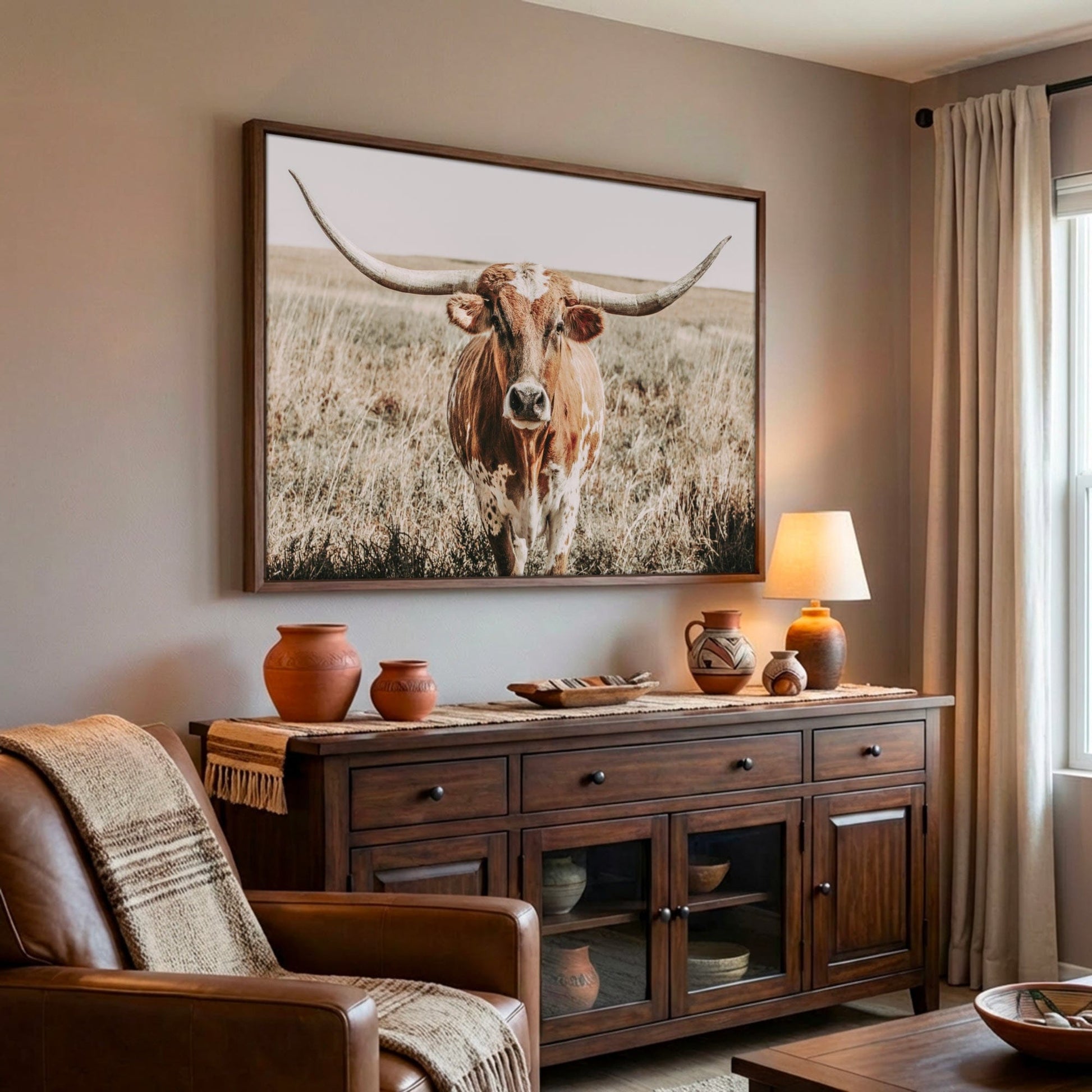 Texas Longhorn Canvas Art – Rustic Western Wall Decor Canvas-Walnut Frame / 12 x 18 Inches