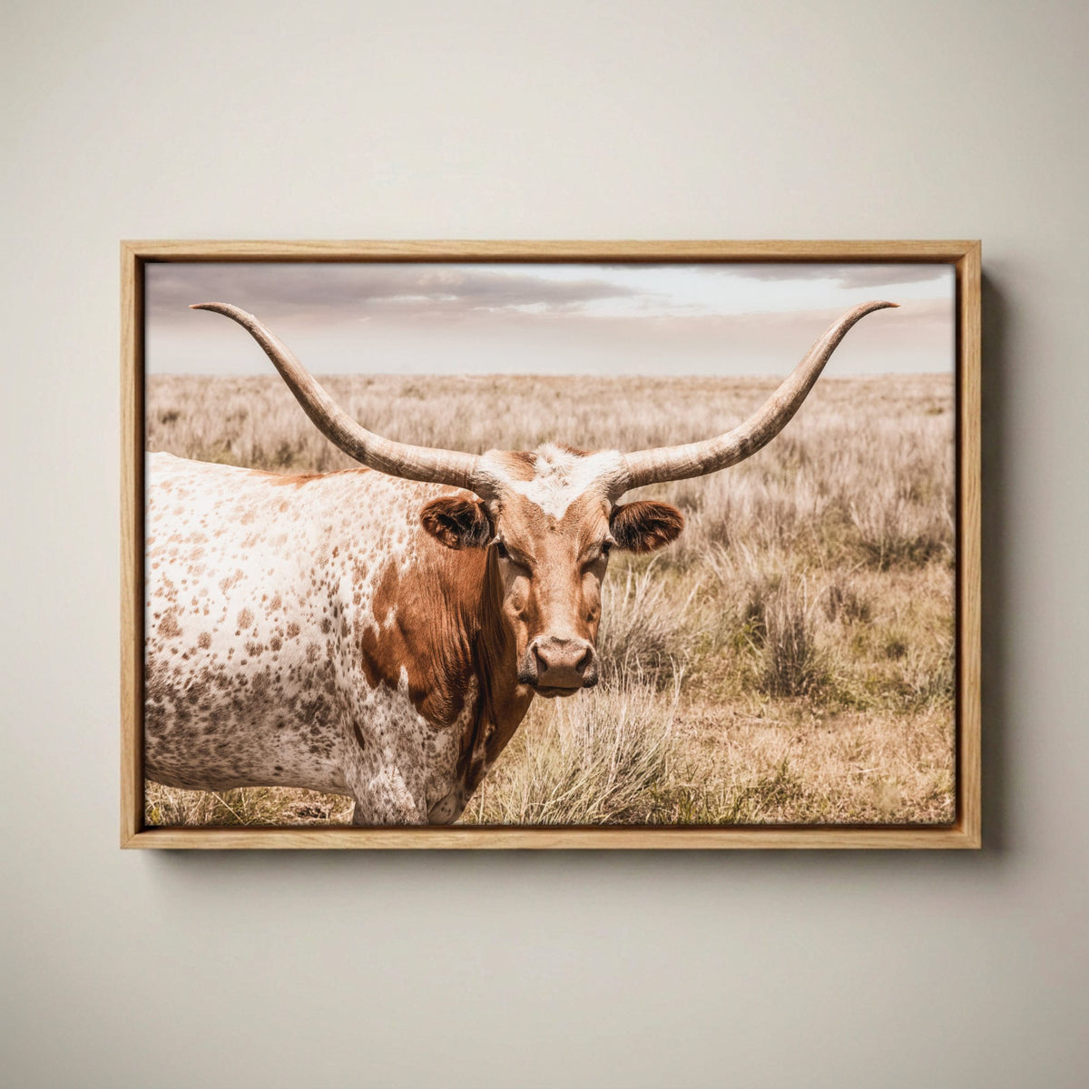 Texas Longhorn Canvas Art – Western Wall Art Rustic Farmhouse Canvas-Natural Oak Float Frame / 12 x 18 Inches