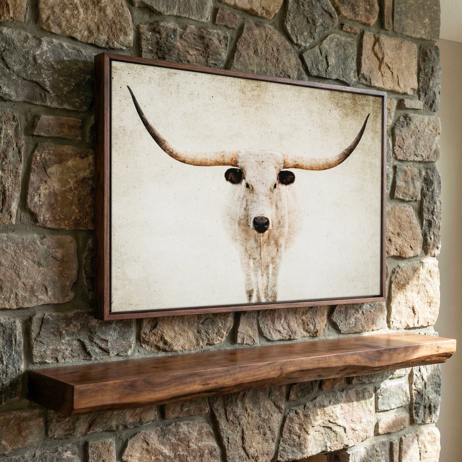 Texas Longhorn Canvas - Modern Farmhouse Wall Art Canvas-Walnut Frame / 12 x 18 Inches