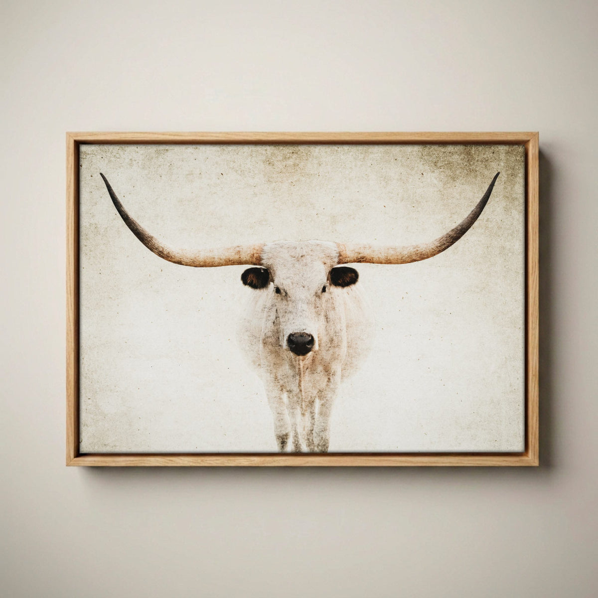 Texas Longhorn Canvas - Modern Farmhouse Wall Art Canvas-Natural Oak Float Frame / 12 x 18 Inches