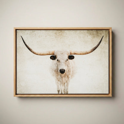 Texas Longhorn Canvas - Modern Farmhouse Wall Art Canvas-Natural Oak Float Frame / 12 x 18 Inches