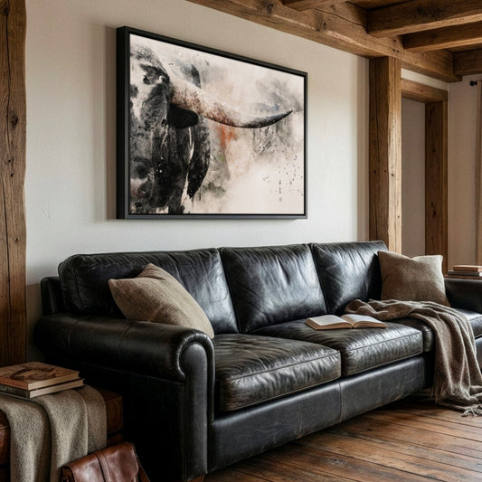Texas Longhorn Canvas - Rustic Western Wall Art Watercolor Animal Print Canvas-Black Frame / 12 x 18 Inches Wall Art Teri James Photography