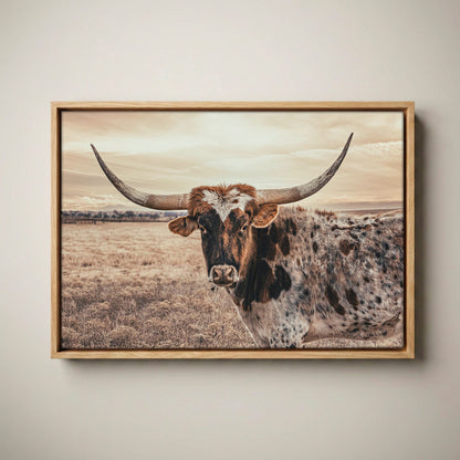 Texas Longhorn Canvas - Speckled Cow Wall Art Canvas-Natural Oak Float Frame / 12 x 18 Inches