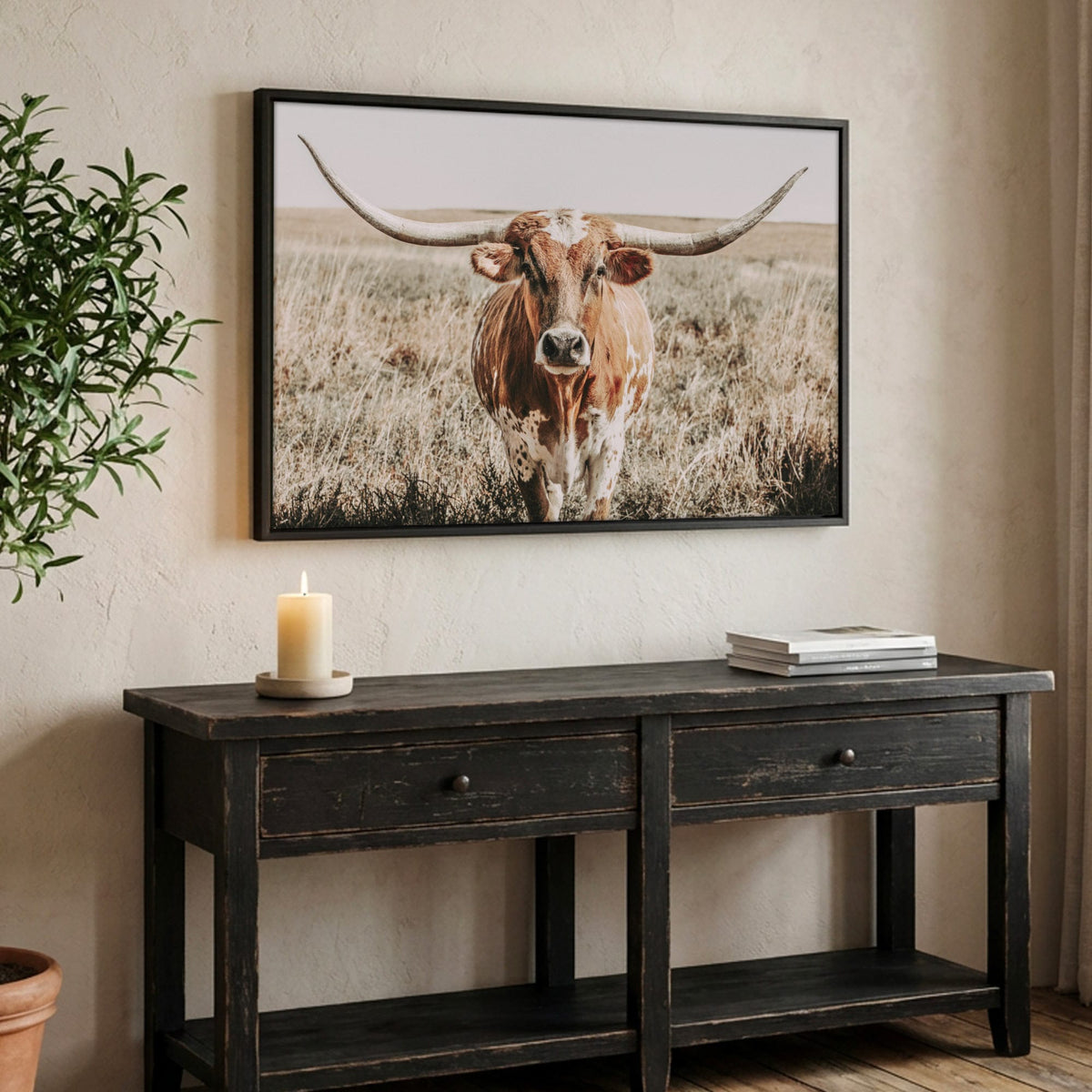 Texas Longhorn Canvas Wall Art – Rustic Western Decor Canvas-Black Frame / 12 x 18 Inches
