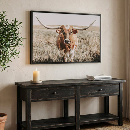 Texas Longhorn Canvas Wall Art – Rustic Western Decor Canvas-Black Frame / 12 x 18 Inches