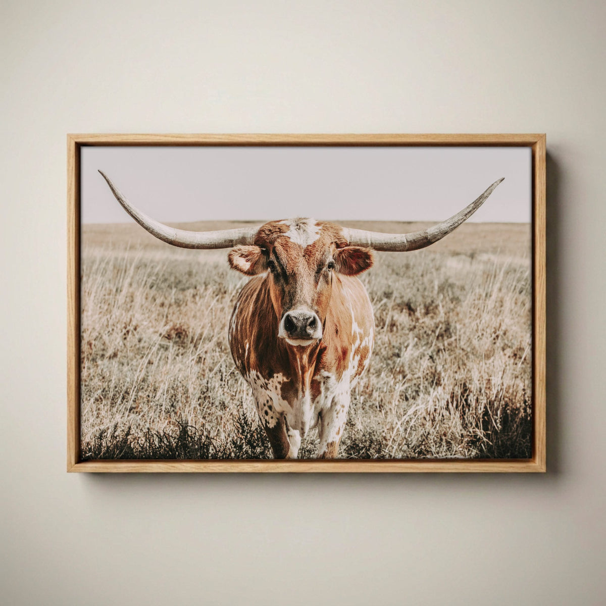 Texas Longhorn Canvas Wall Art – Rustic Western Decor Canvas-Natural Oak Float Frame / 12 x 18 Inches