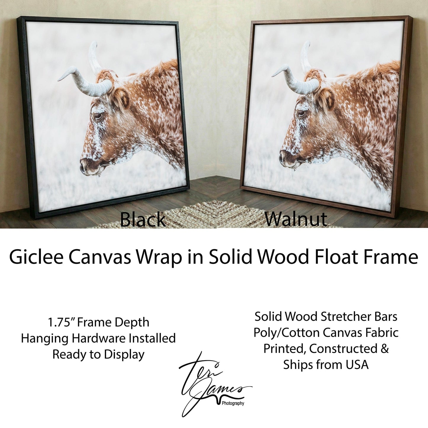 Texas Longhorn Cattle Art – Rustic Sepia Wall Art for Farmhouse Decor Canvas-Black Frame / 16 x 16 Inches Wall Art Teri James Photography