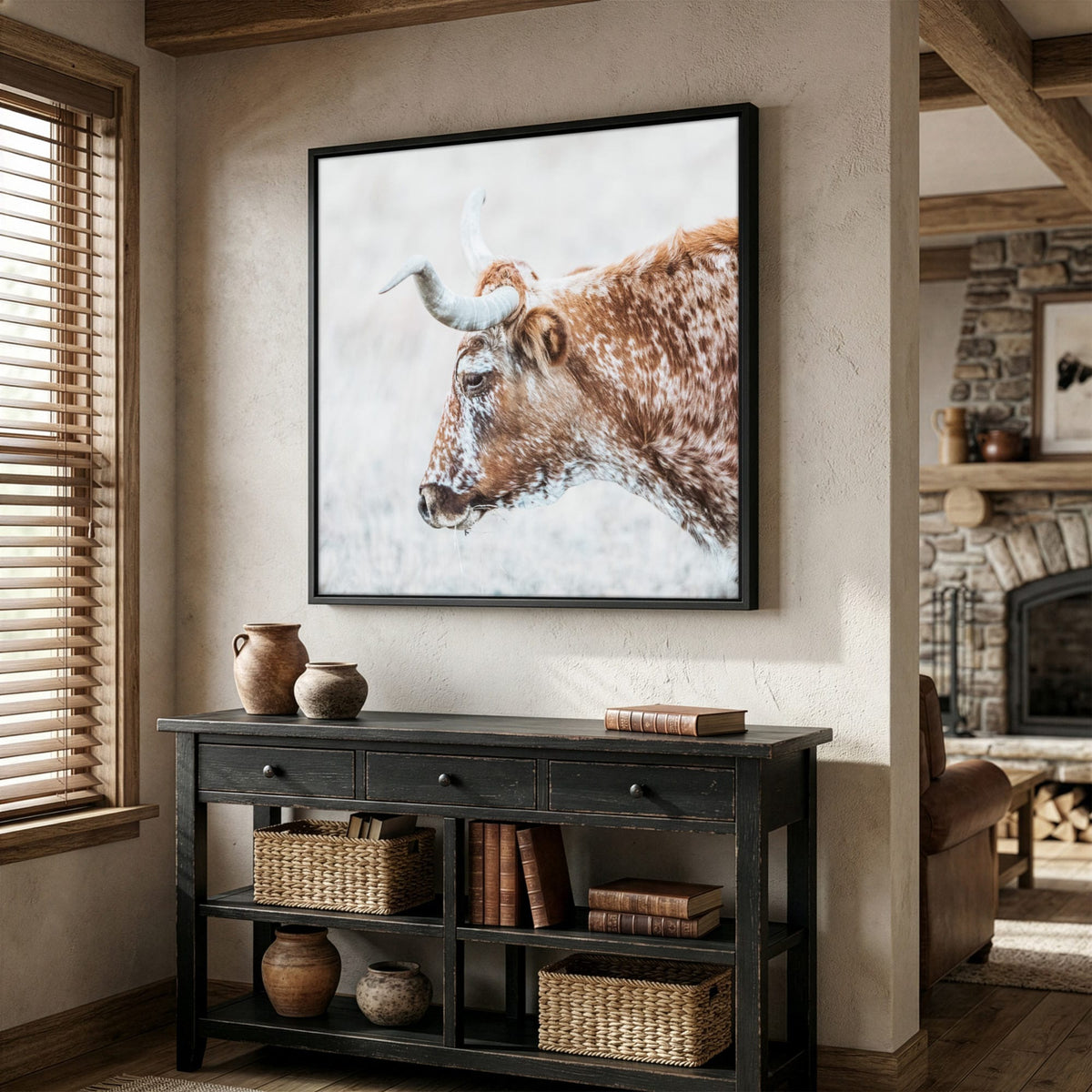 Texas Longhorn Cattle Art – Rustic Sepia Wall Art Canvas-Black Frame / 16 x 16 Inches