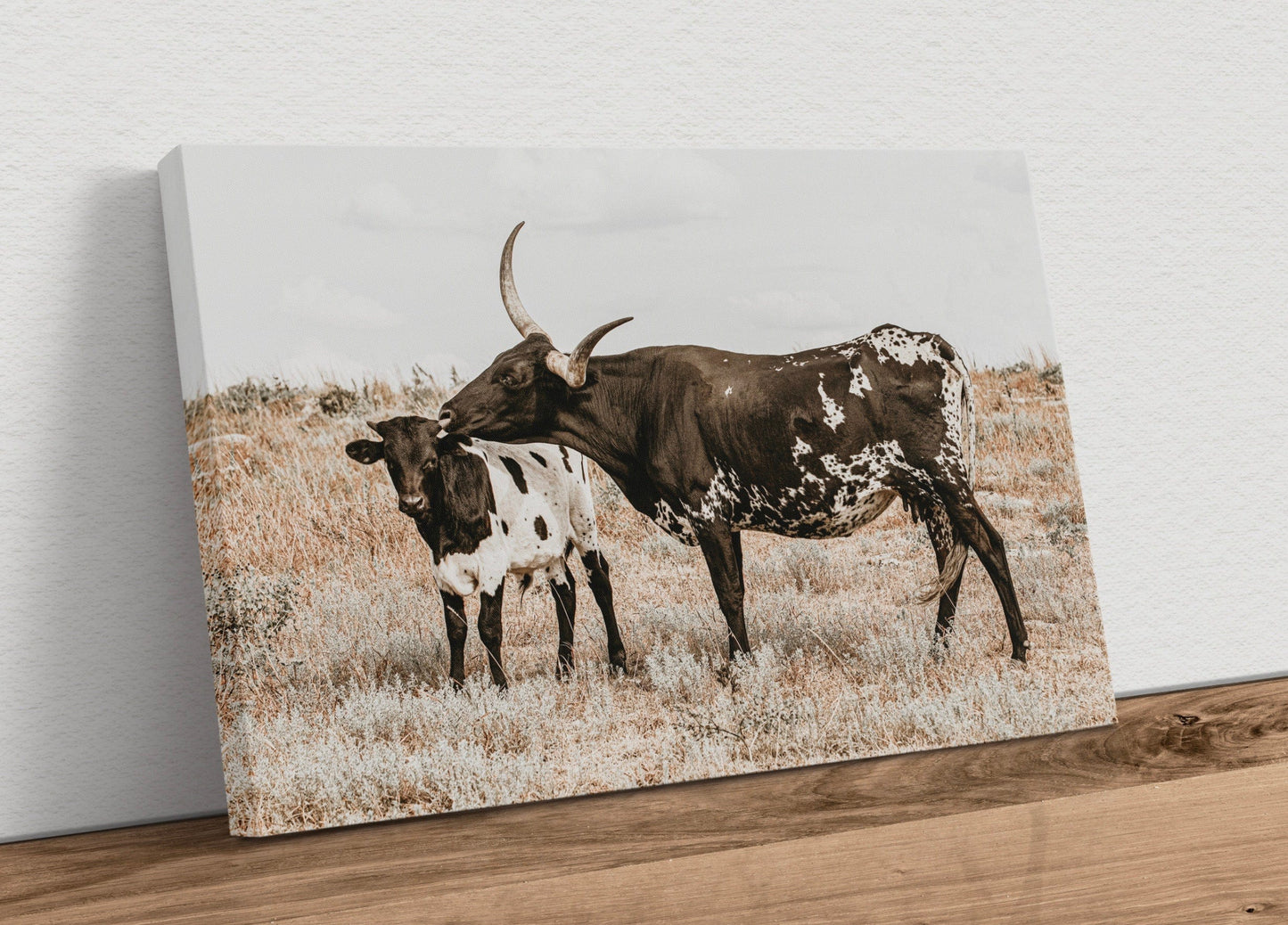 Texas Longhorn Cow & Calf Western Nursery Wall Art Canvas-Unframed / 12 x 18 Inches Wall Art Teri James Photography