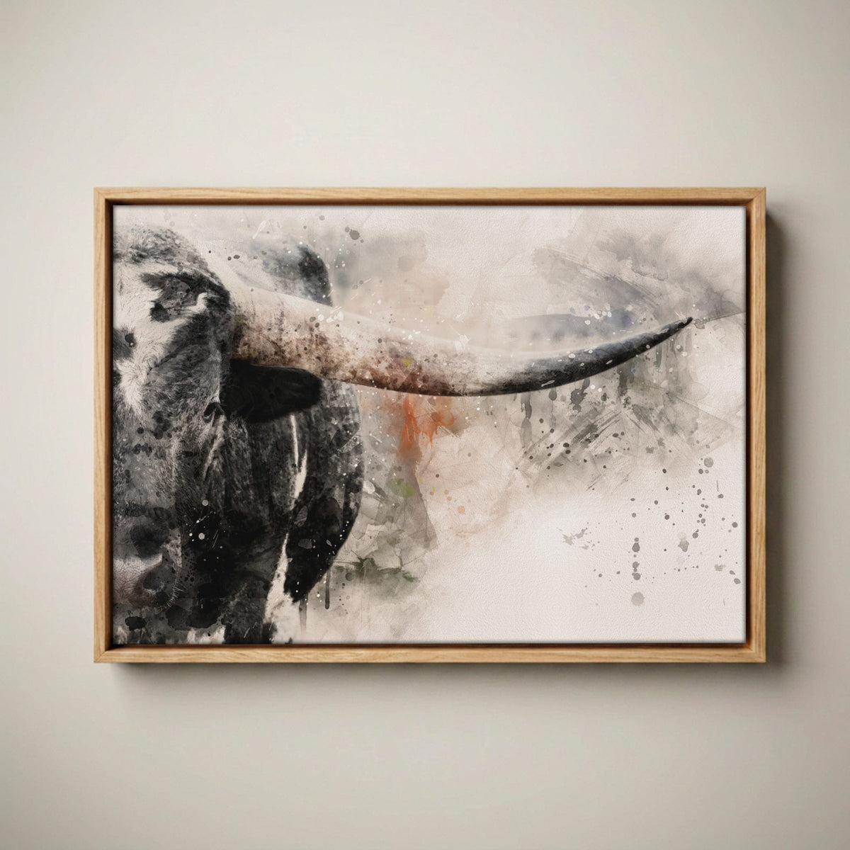 Texas Longhorn: Modern Western Watercolor Canvas Print Canvas-Natural Oak Float Frame / 12 x 18 Inches