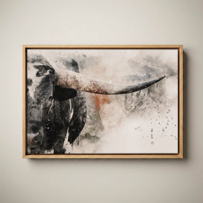 Texas Longhorn: Modern Western Watercolor Canvas Print Canvas-Natural Oak Float Frame / 12 x 18 Inches