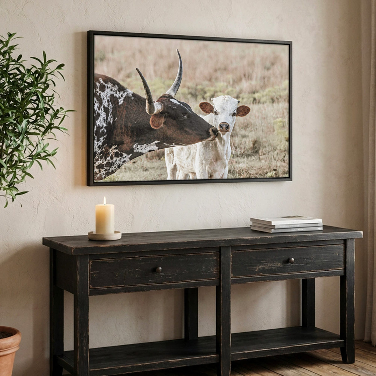 Texas Longhorn Nursery Art – Cow Calf Artwork for Kids’ Room Canvas-Black Frame / 12 x 18 Inches