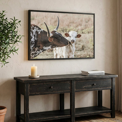 Texas Longhorn Nursery Art – Cow Calf Artwork for Kids’ Room Canvas-Black Frame / 12 x 18 Inches
