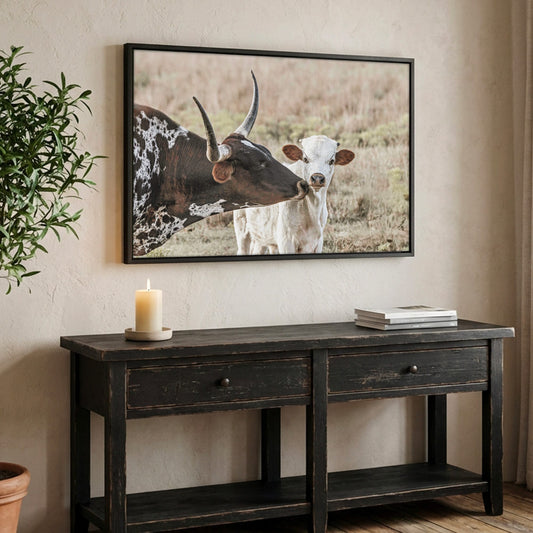 Texas Longhorn Nursery Art – Cow Calf Artwork for Kids’ Room Canvas-Black Frame / 12 x 18 Inches