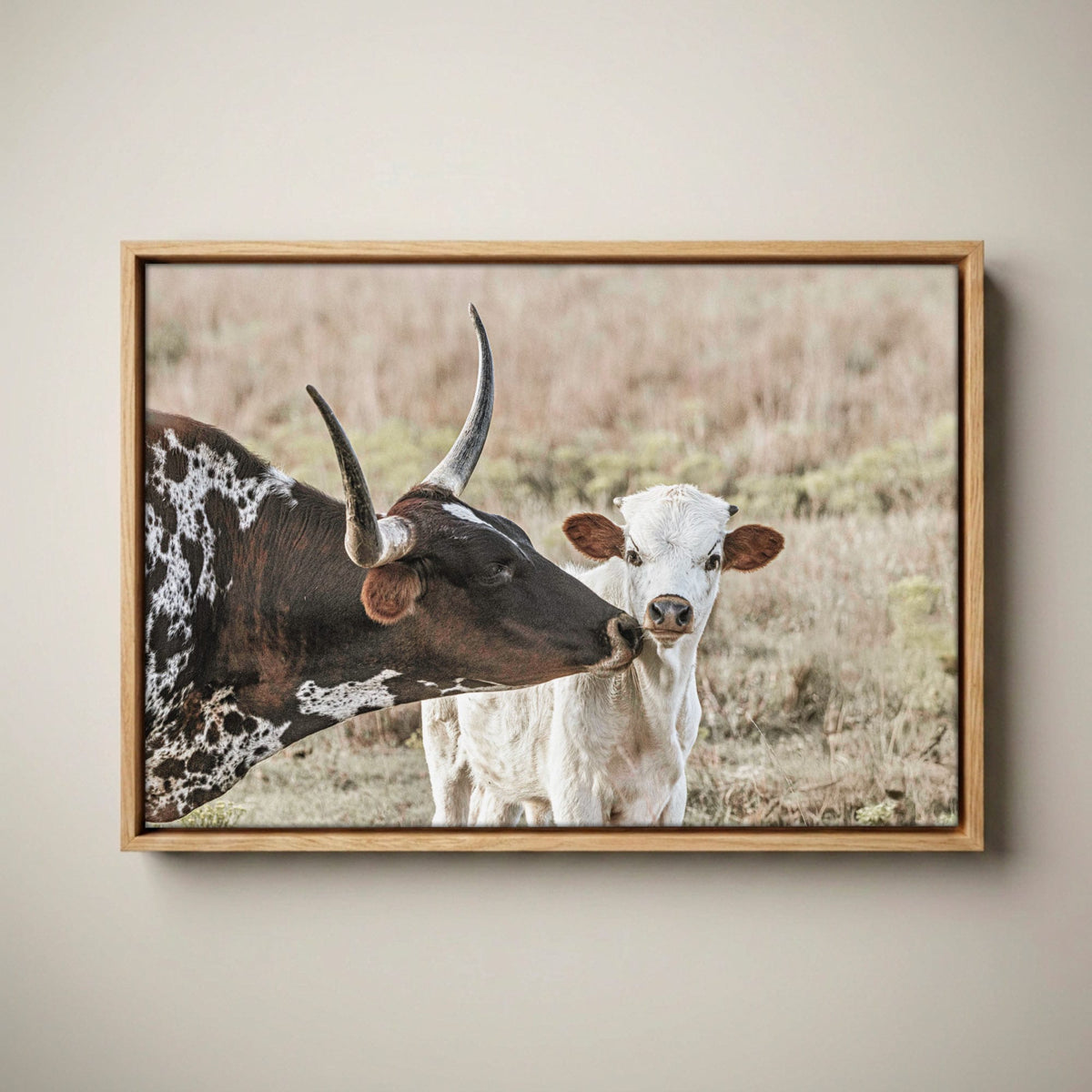 Texas Longhorn Nursery Art – Cow Calf Artwork for Kids’ Room Canvas-Natural Oak Float Frame / 12 x 18 Inches