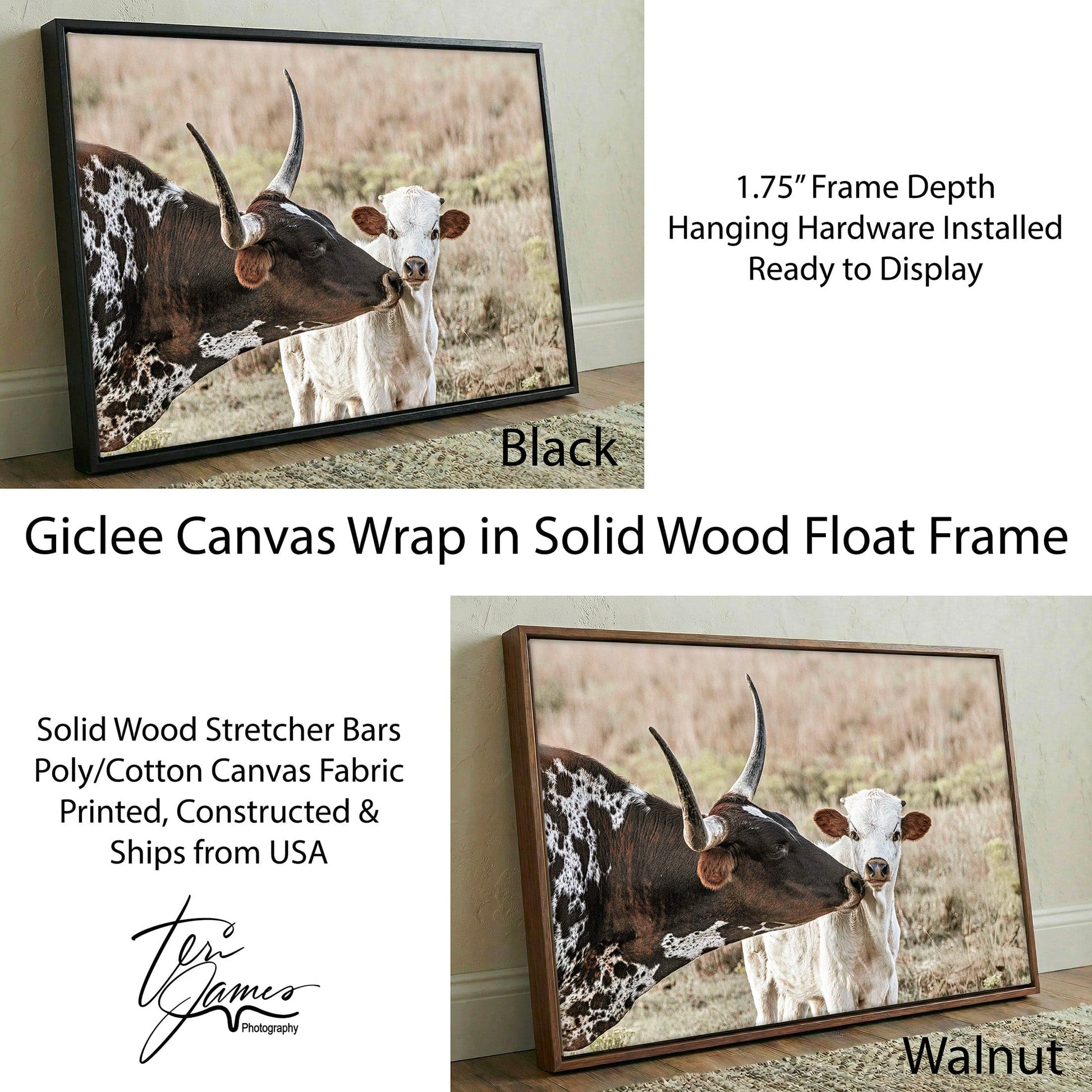 Texas Longhorn Nursery Art – Rustic Cow and Calf Artwork for Kids’ Room Canvas-Black Frame / 12 x 18 Inches Wall Art Teri James Photography