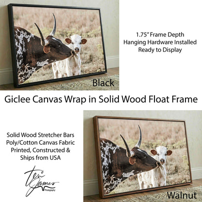 Texas Longhorn Nursery Art – Rustic Cow and Calf Artwork for Kids’ Room Canvas-Black Frame / 12 x 18 Inches Wall Art Teri James Photography